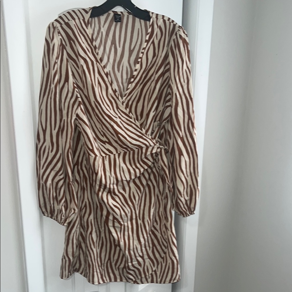 Brown and White Zebra Print Wrap Dress